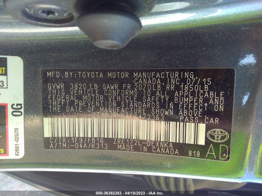 2015 TOYOTA COROLLA L/LE/S/S PLUS/LE PLUS - 2T1BURHE4FC472363