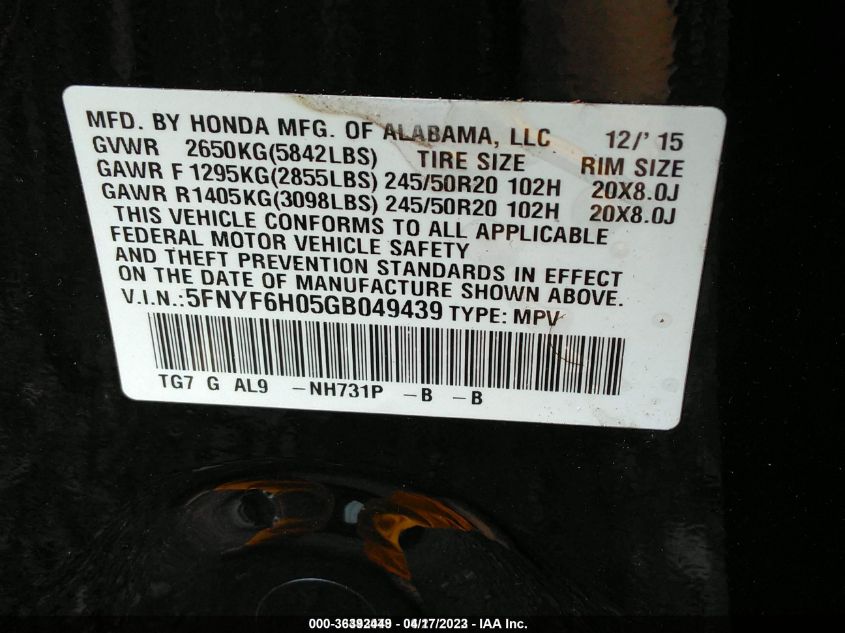 2016 HONDA PILOT ELITE - 5FNYF6H05GB049439