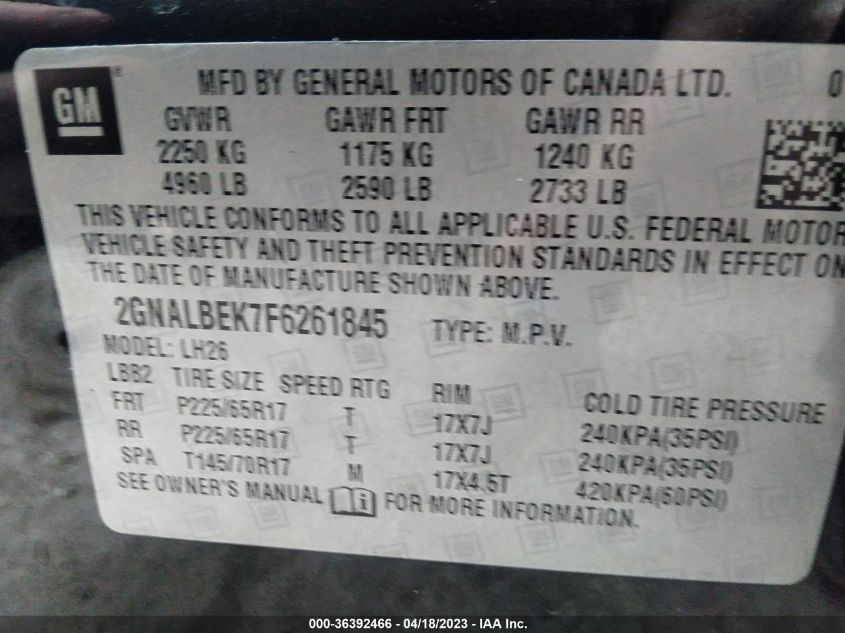 2015 CHEVROLET EQUINOX LT - 2GNALBEK7F6261845