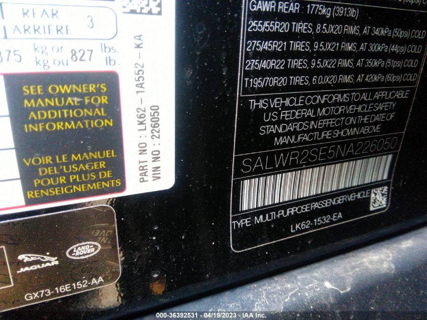 2022 LAND ROVER RANGE ROVER SPORT HSE DYNAMIC - SALWR2SE5NA226050