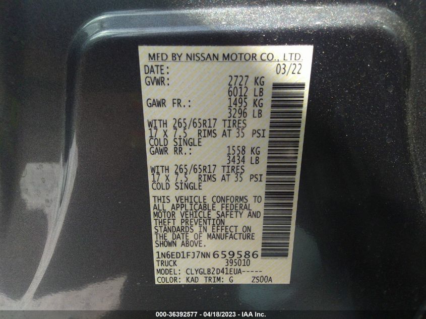 2022 NISSAN FRONTIER SV - 1N6ED1FJ7NN659586