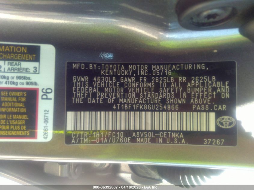 2016 TOYOTA CAMRY XLE/SE/LE/XSE - 4T1BF1FK8GU254866