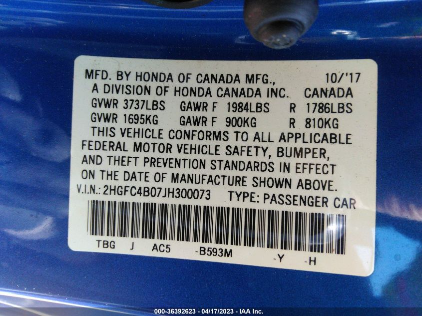 2018 HONDA CIVIC COUPE LX-P - 2HGFC4B07JH300073