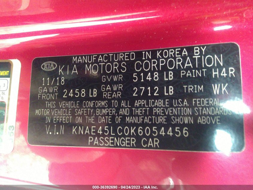 2019 KIA STINGER GT1 - KNAE45LC0K6054456