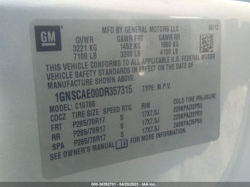 2013 CHEVROLET TAHOE LS - 1GNSCAE00DR357315