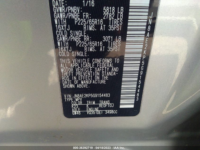 2016 NISSAN QUEST SV/S/PLATINUM/SL - JN8AE2KP5G9154483