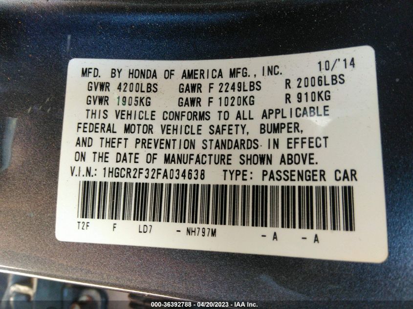 2015 HONDA ACCORD SEDAN LX - 1HGCR2F32FA034638