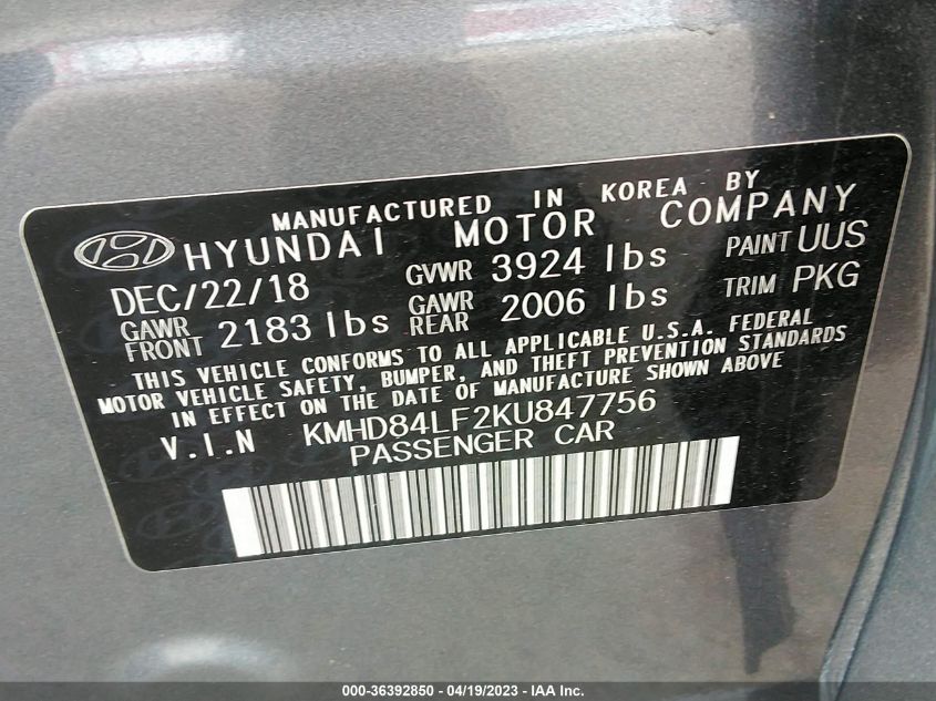 2019 HYUNDAI ELANTRA SEL - KMHD84LF2KU847756