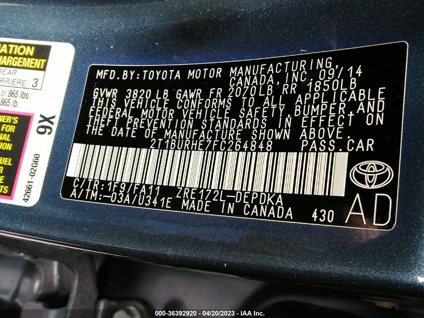 2015 TOYOTA COROLLA L/LE/S/S PLUS/LE PLUS - 2T1BURHE7FC264848