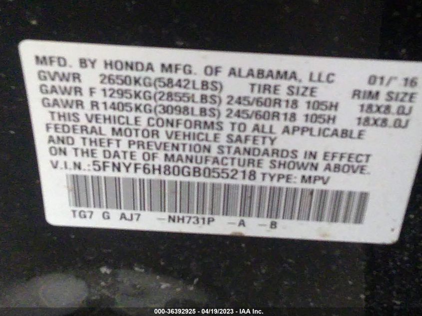 2016 HONDA PILOT EX-L - 5FNYF6H80GB055218