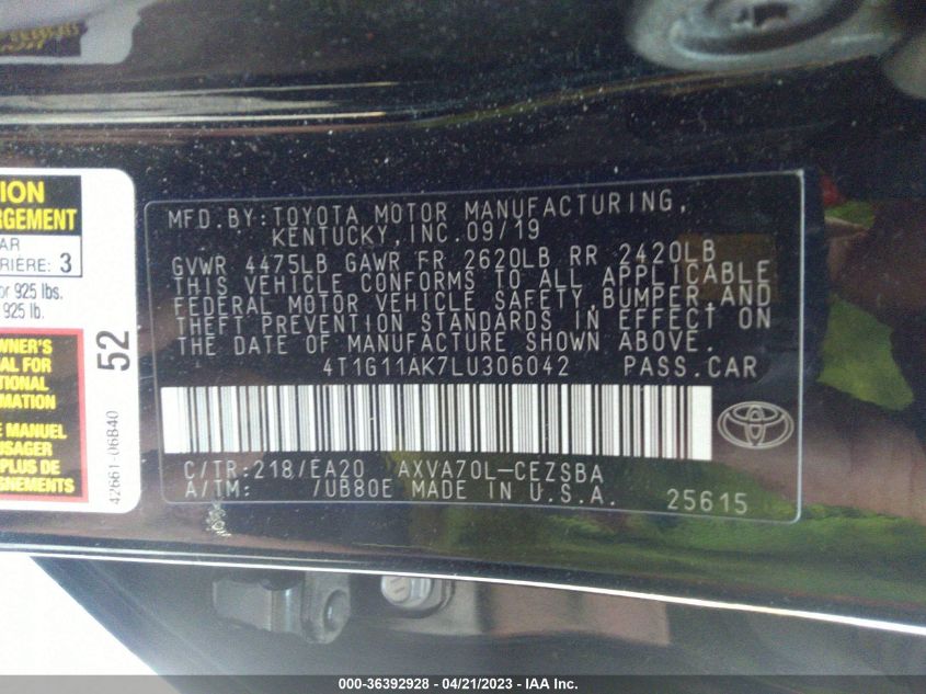 2020 TOYOTA CAMRY SE - 4T1G11AK7LU306042