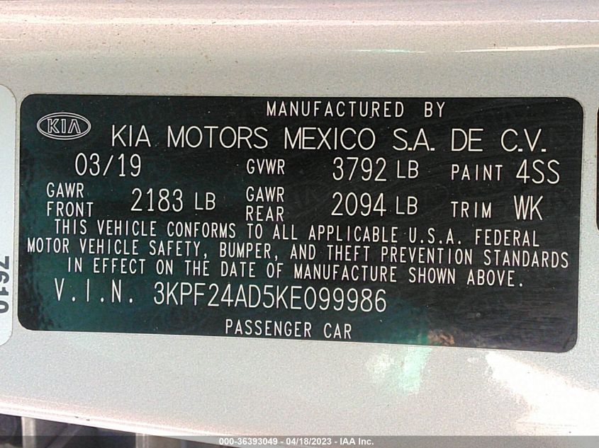 2019 KIA FORTE LXS - 3KPF24AD5KE099986