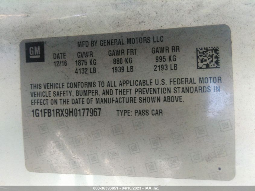 2017 CHEVROLET CAMARO 1LT - 1G1FB1RX9H0177967