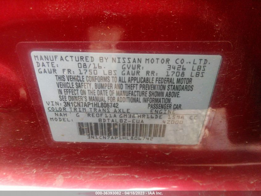 2017 NISSAN VERSA SEDAN SV - 3N1CN7AP1HL806742