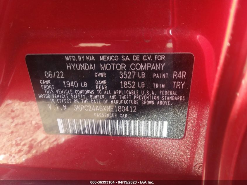 2022 HYUNDAI ACCENT SEL - 3KPC24A6XNE180412
