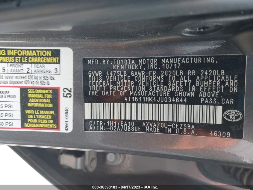 2018 TOYOTA CAMRY SE - 4T1B11HK4JU034644
