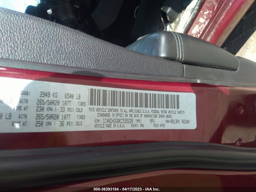 VIN 1C4RDHDG8KC535239 2019 DODGE DURANGO GT