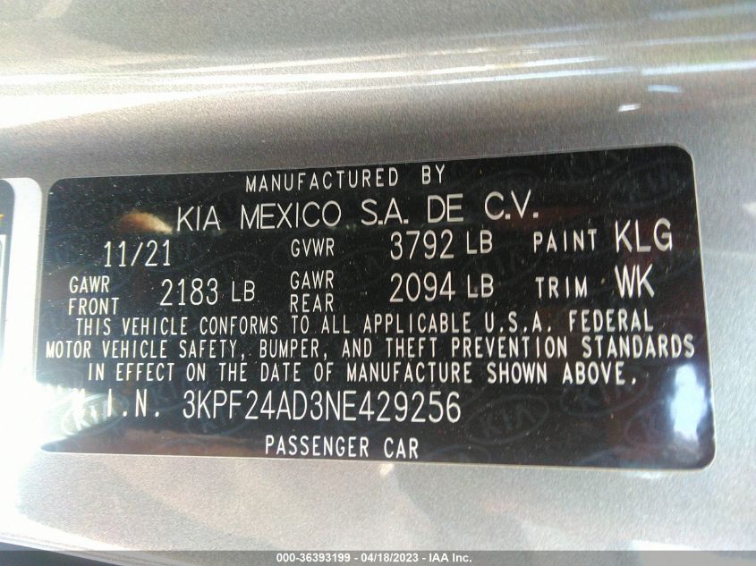 2022 KIA FORTE LXS - 3KPF24AD3NE429256