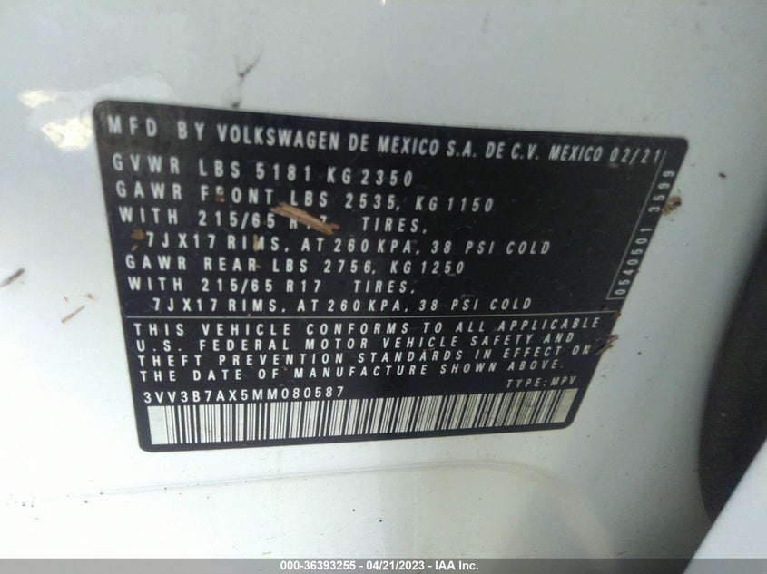 VIN 3VV3B7AX5MM080587 2021 VOLKSWAGEN TIGUAN SE/SE R-LINE BLACK/SEL
