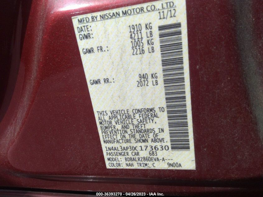 2013 NISSAN ALTIMA 2.5 S - 1N4AL3AP3DC173630