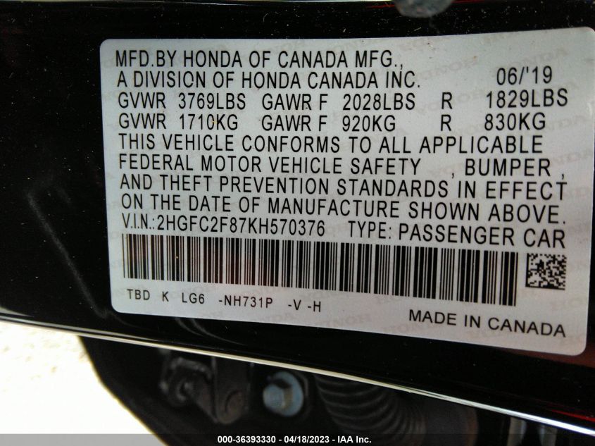 2019 HONDA CIVIC SEDAN SPORT - 2HGFC2F87KH570376