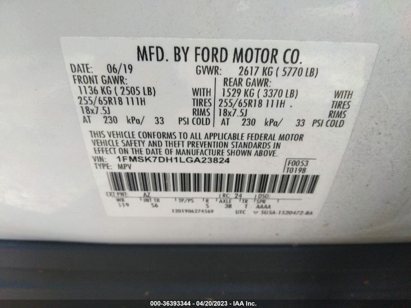 2020 FORD EXPLORER XLT - 1FMSK7DH1LGA23824