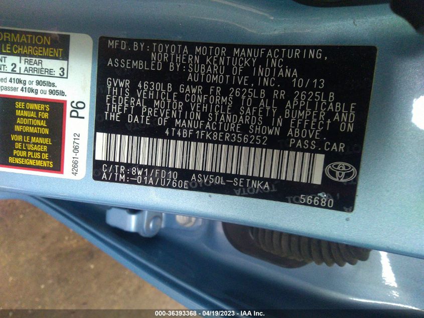 2014 TOYOTA CAMRY L/LE/XLE/SE/SE SPORT - 4T4BF1FK8ER356252