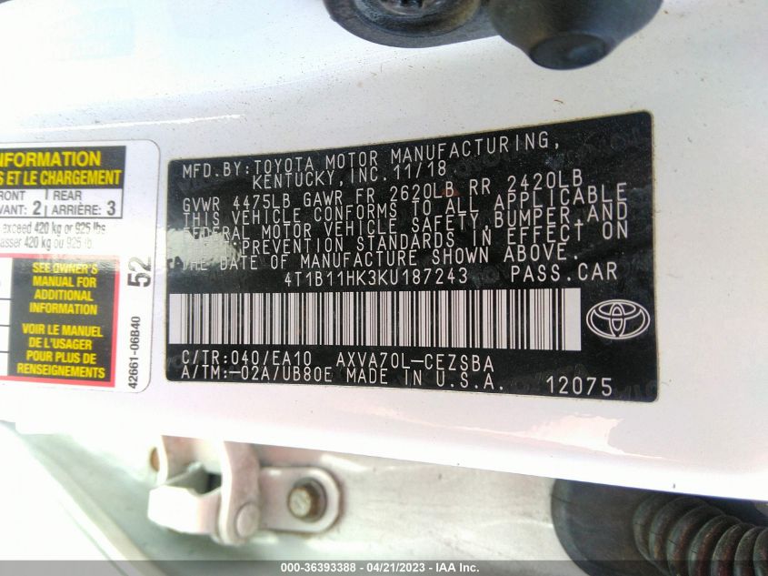 2019 TOYOTA CAMRY LE/SE/XLE/L - 4T1B11HK3KU187243