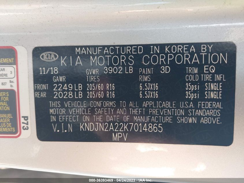 2019 KIA SOUL BASE - KNDJN2A22K7014865