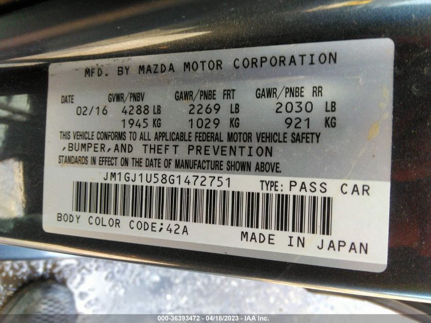 2016 MAZDA MAZDA6 I SPORT - JM1GJ1U58G1472751