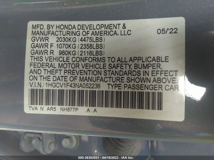 2022 HONDA ACCORD SEDAN SPORT SE - 1HGCV1F43NA052238
