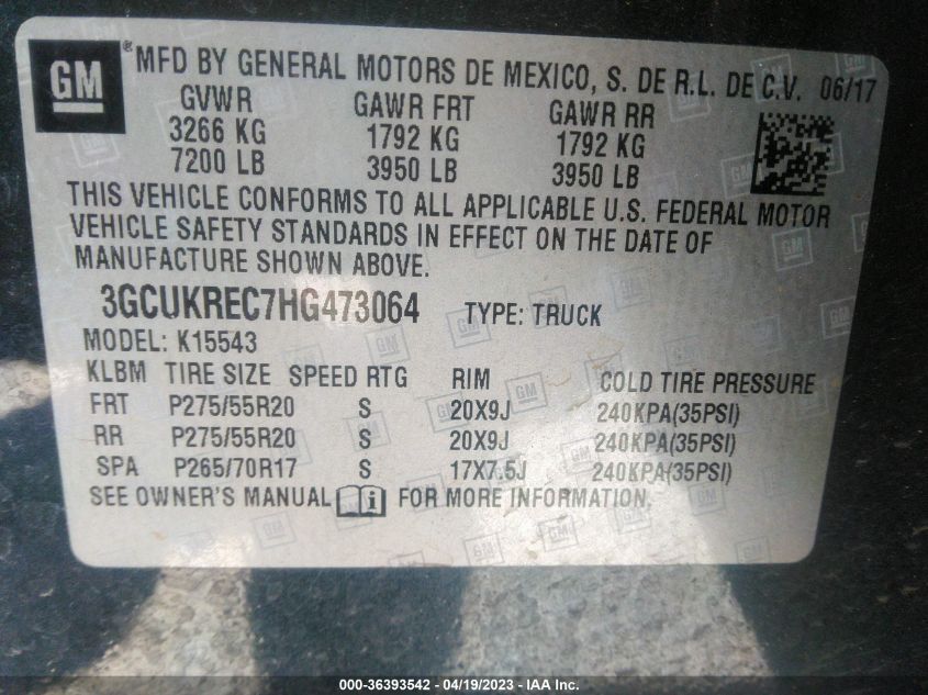 2017 CHEVROLET SILVERADO 1500 LT - 3GCUKREC7HG473064