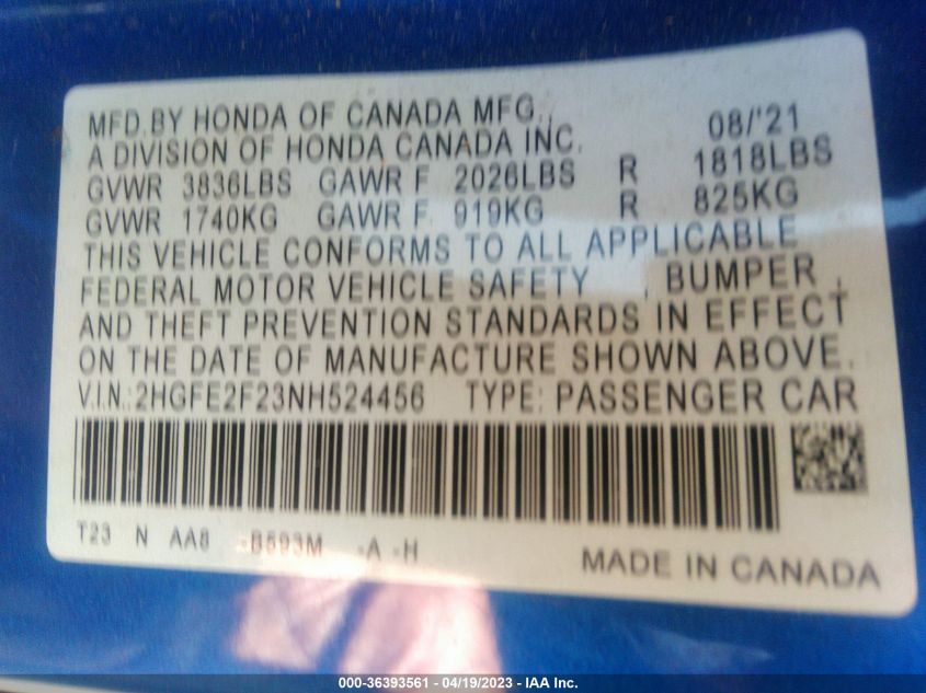 2022 HONDA CIVIC SEDAN LX - 2HGFE2F23NH524456