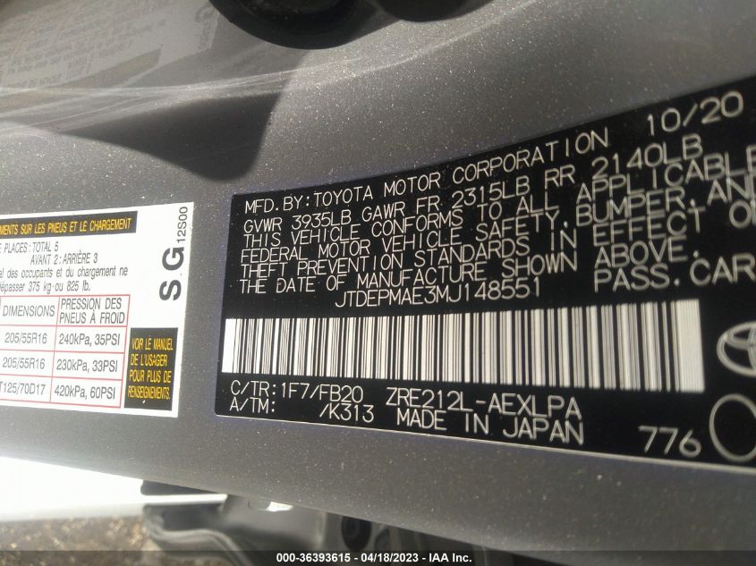 2021 TOYOTA COROLLA LE - JTDEPMAE3MJ148551