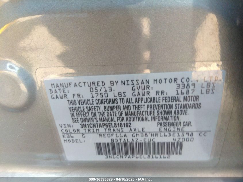 2014 NISSAN VERSA S PLUS - 3N1CN7AP6EL816162