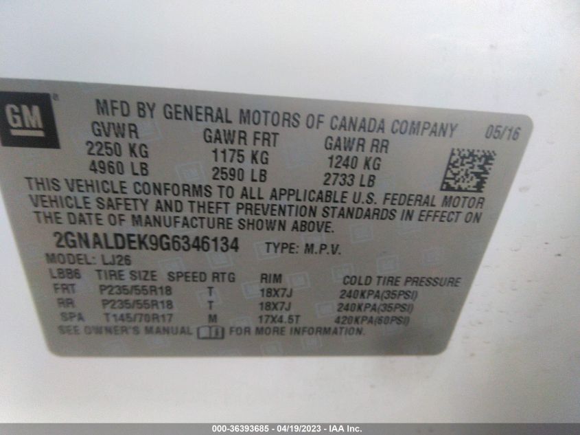 2016 CHEVROLET EQUINOX LTZ - 2GNALDEK9G6346134