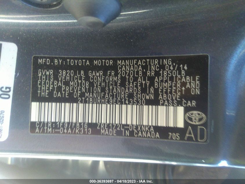 2014 TOYOTA COROLLA L/LE/S/S PLUS/LE PLUS - 2T1BURHE9EC143530