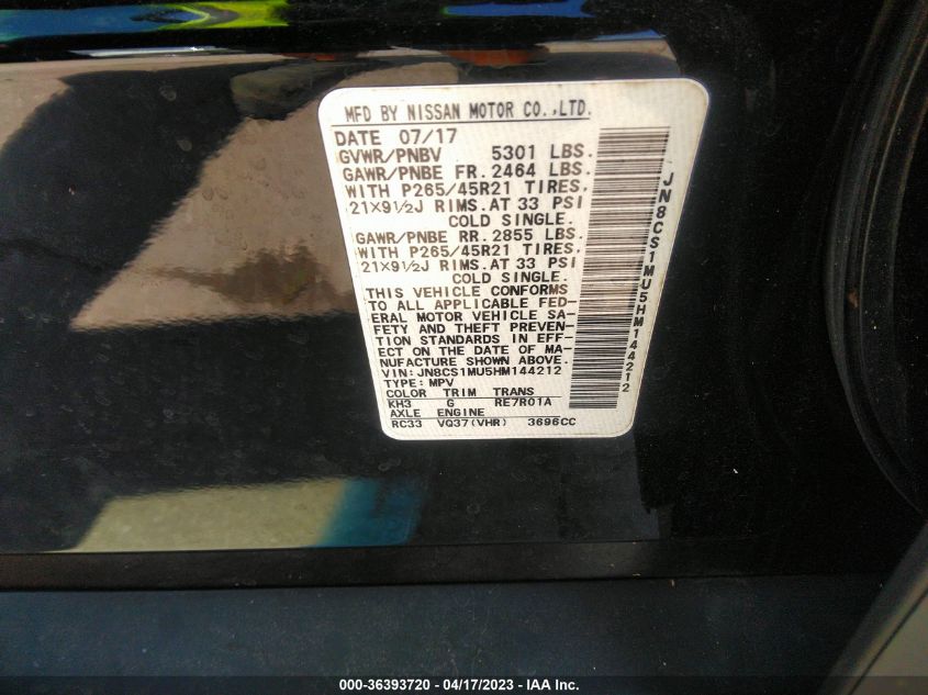 2017 INFINITI QX70 JN8CS1MU5HM144212