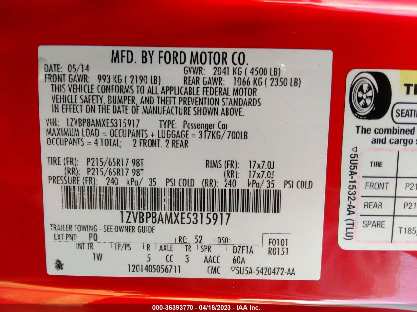 2014 FORD MUSTANG V6 - 1ZVBP8AMXE5315917