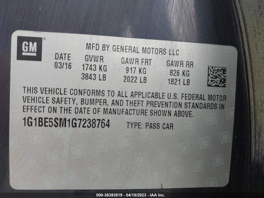 2016 CHEVROLET CRUZE LT - 1G1BE5SM1G7238764
