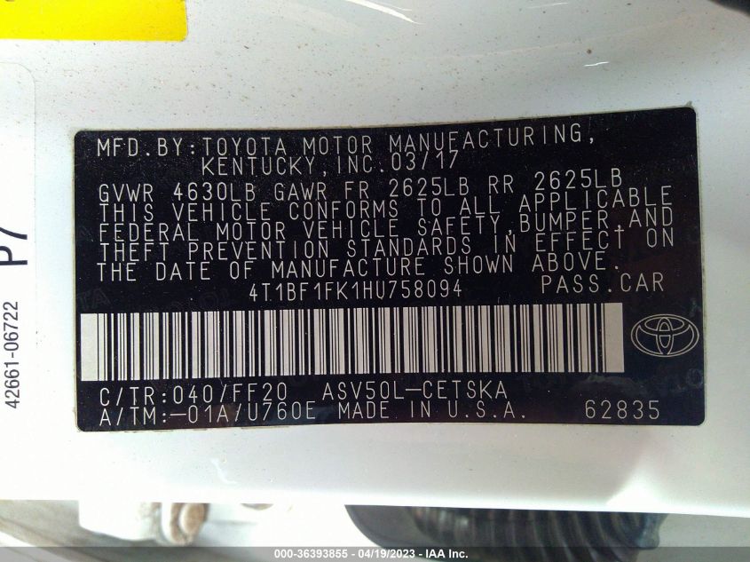 2017 TOYOTA CAMRY SE - 4T1BF1FK1HU758094