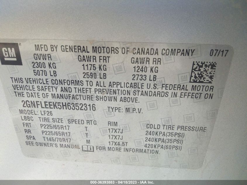 2017 CHEVROLET EQUINOX LS - 2GNFLEEK5H6352316