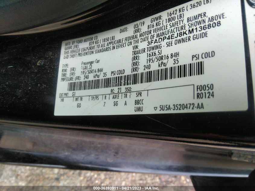 2019 FORD FIESTA SE - 3FADP4EJ8KM136808