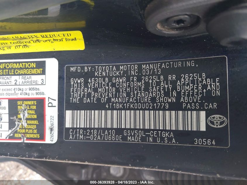 2013 TOYOTA CAMRY SE/XLE - 4T1BK1FK0DU021779