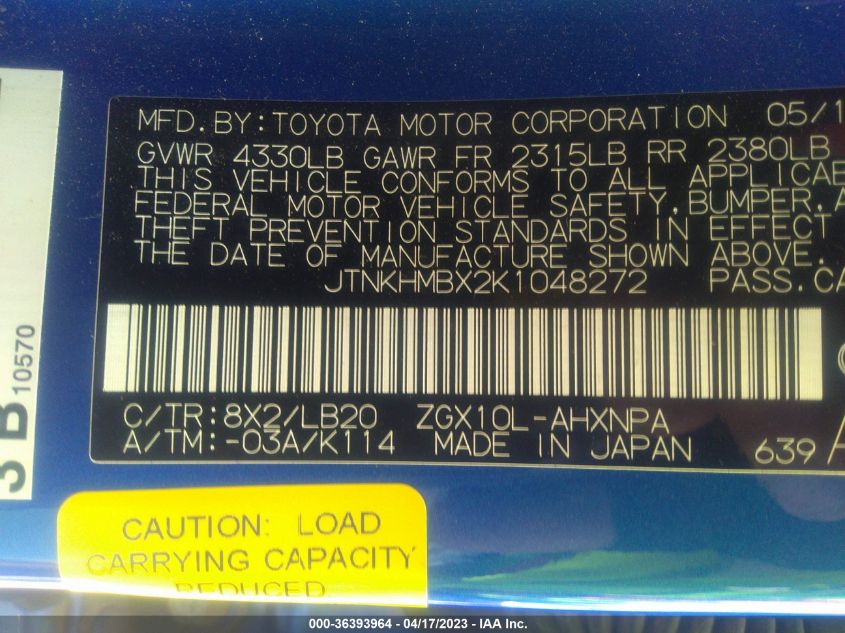 2019 TOYOTA C-HR XLE/LE/LIMITED - JTNKHMBX2K1048272
