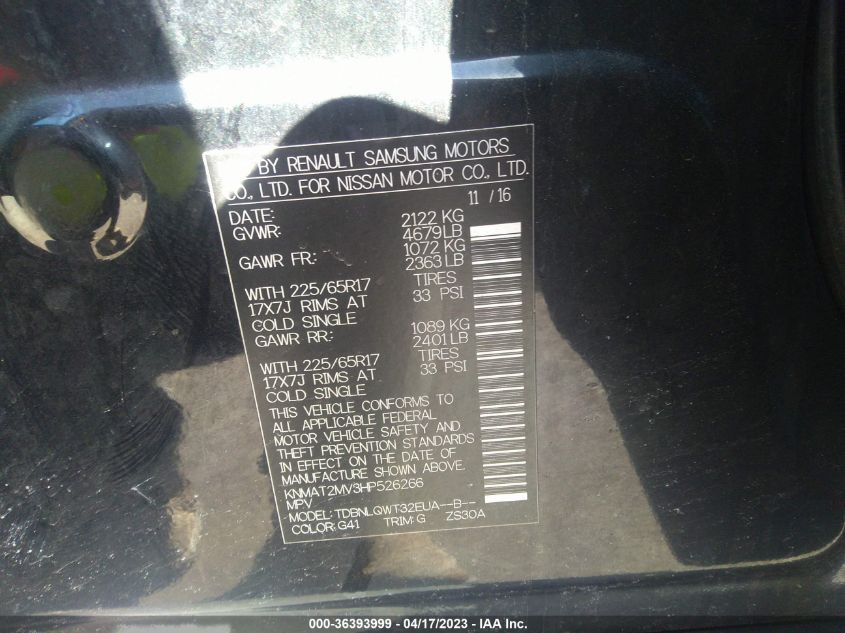 2017 NISSAN ROGUE SV - KNMAT2MV3HP526266