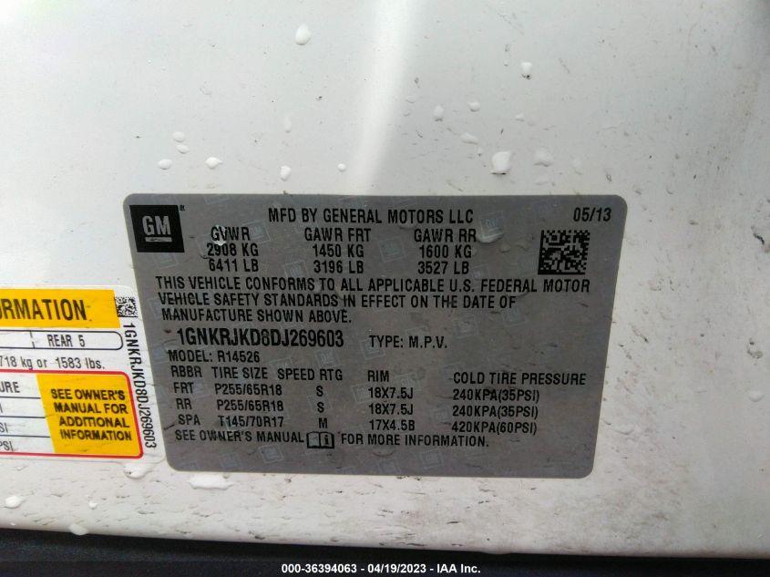 2013 CHEVROLET TRAVERSE LT - 1GNKRJKD8DJ269603