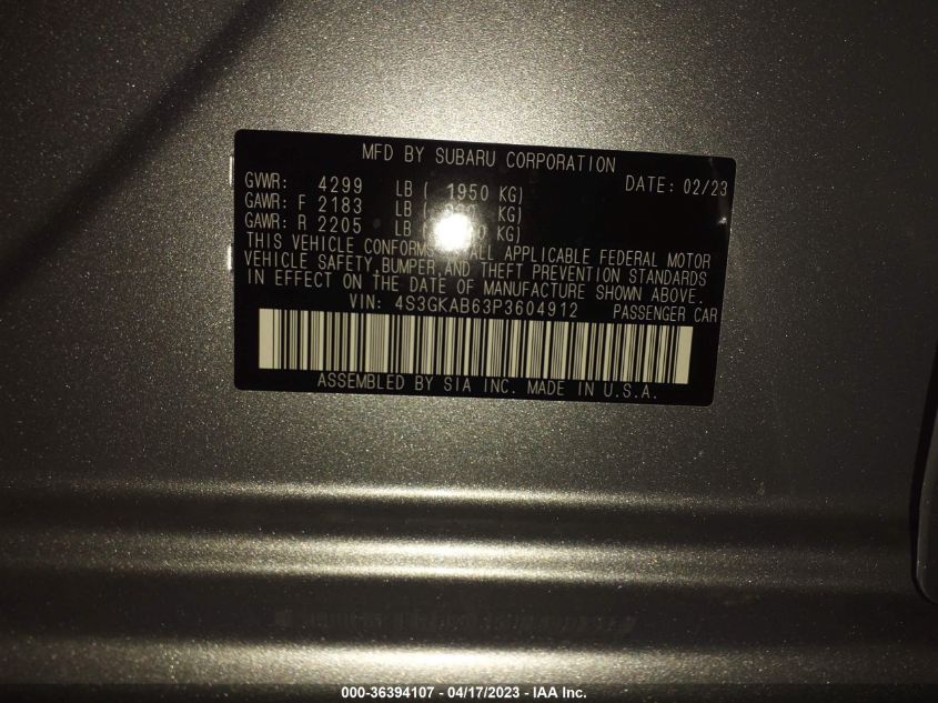 2023 SUBARU IMPREZA - 4S3GKAB63P3604912