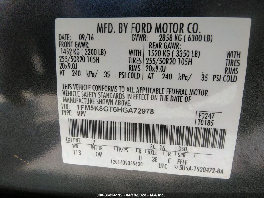 2017 FORD EXPLORER SPORT - 1FM5K8GT6HGA72978