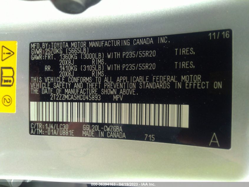 2017 LEXUS RX RX 350 - 2T2ZZMCA5HC045893